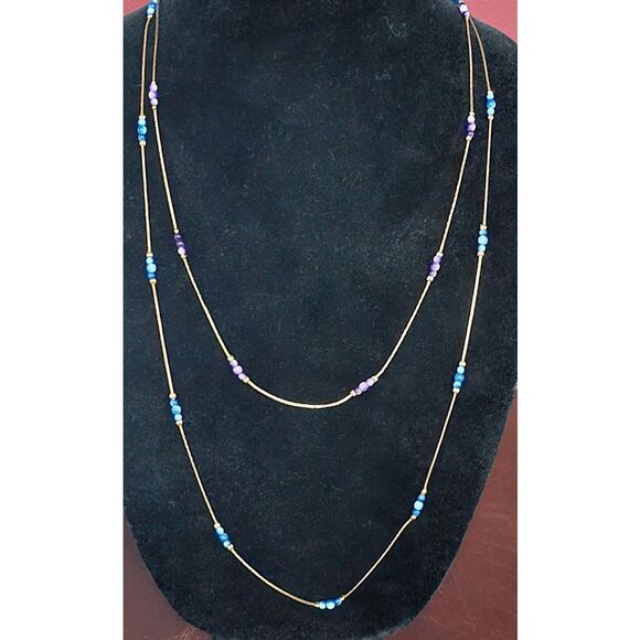 Vintage Gold Tone Herringbone Necklaces With Dainty Stones Marked Korea - Picture 1 of 4